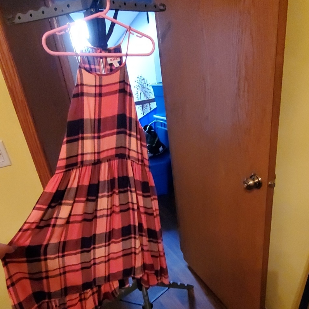 Coral and Black Checkered Skater Dress